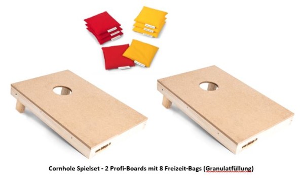 Cornhole Spielset - 2 Profi-Boards mit 8 Freizeit-Bags (Granulatfüllung)
